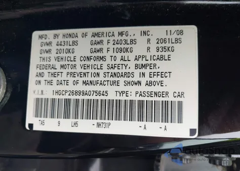 2009 Honda Accord 2.4 Ex-L from USA, damaged, VIN 1HGCP26899A075645